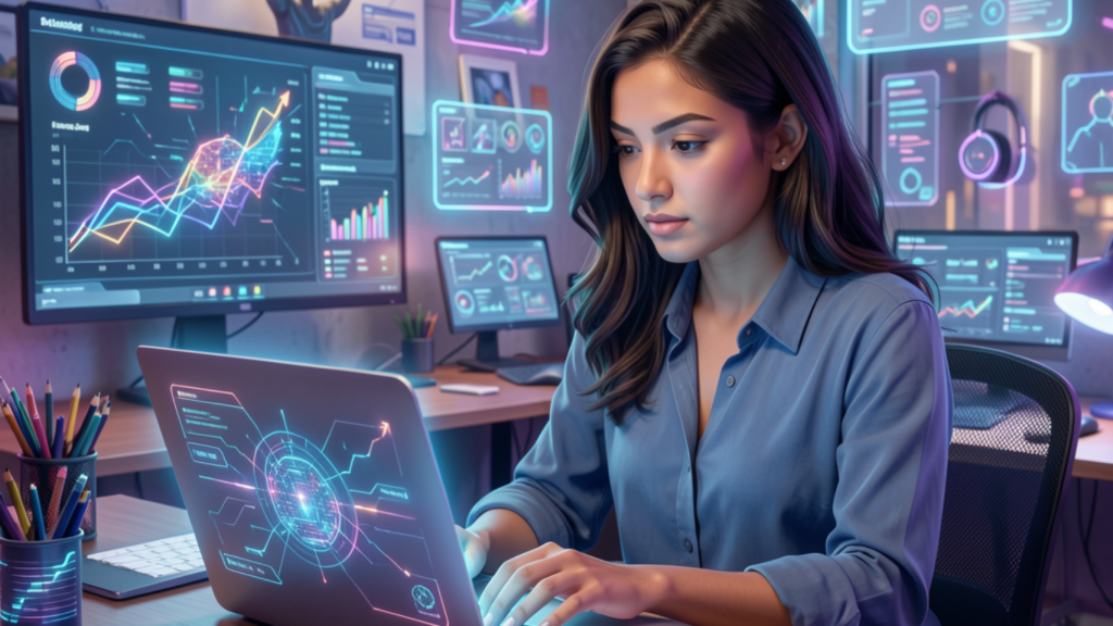 jeune entrepreneur utilisant l'IA pour créer du contenu