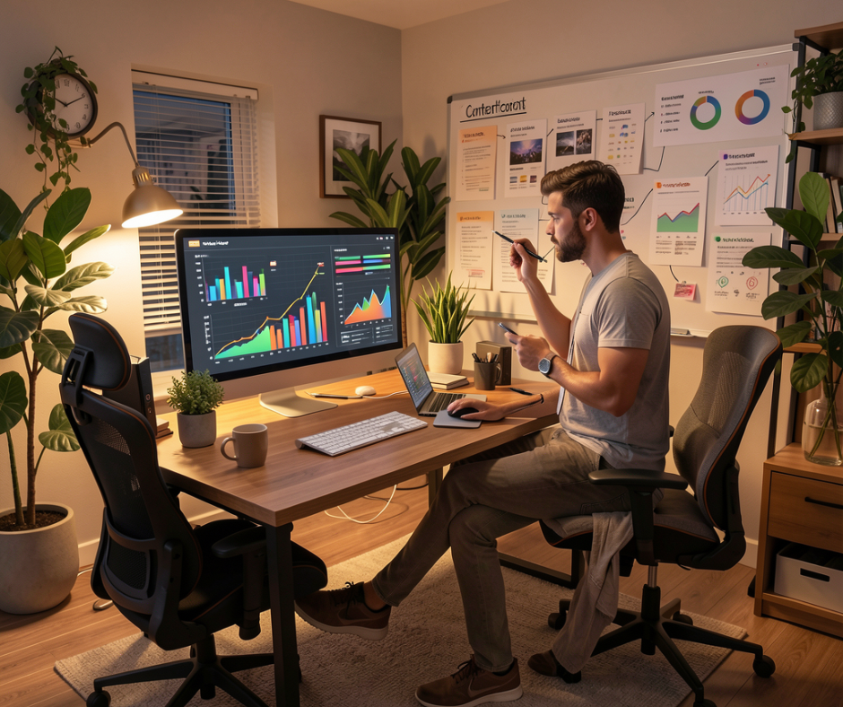 un entrepreneur visualisant un écran d'ordinateur avec des résulats en marketing